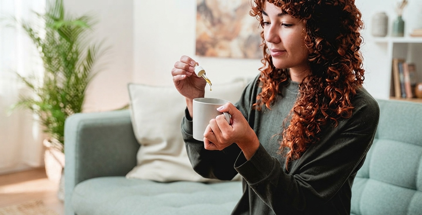 Personne utilisant un compte-gouttes d'huile de CBD pour mesurer une dose à domicile